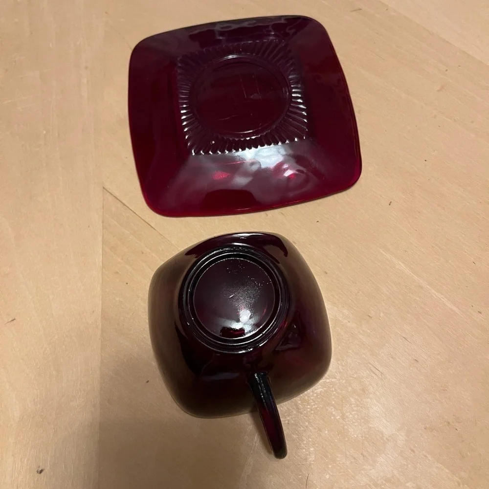 Anchor Hocking Royal Ruby Red Charm Square Tea Cup and Saucer Vintage